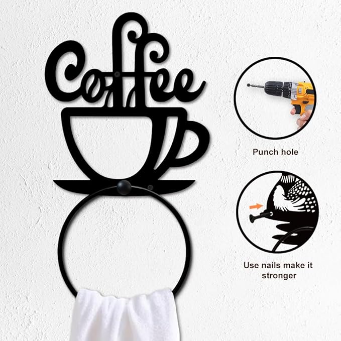 MAYJOYDIY Coffee Metal Towel Ring Tea Cup Towel Holder Afternoon Tea Coffee Wall Decor Towel Hanger Black Art Towel Rack Wall Mounted for Bathroom Kitchen Home Shop Decors Gift