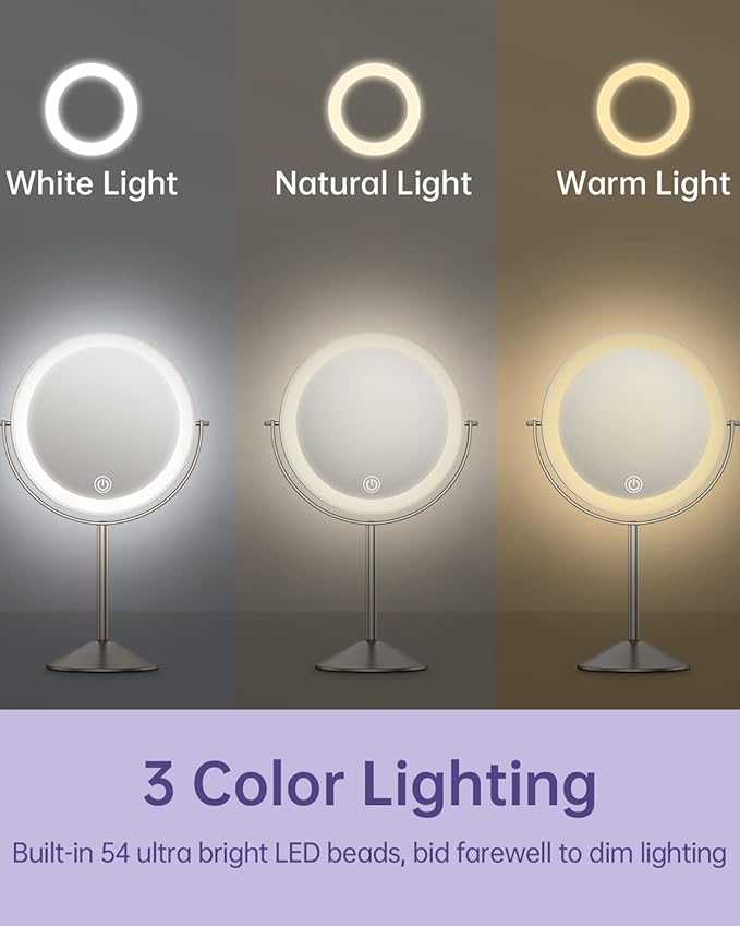 Gospire 8" Lighted Makeup Mirror with Magnification 10X/1X, 3 Color Lights & Dimmable Lighting, 360° Rotation Double Sided Rechargeable Cordless Vanity Cosmetic Standing LED Mirror for Makeup