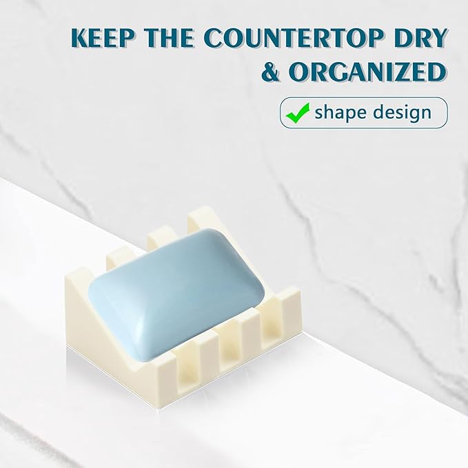 Self Draining Soap Dish Holder,Silicone Soap Dish,for Bathroom,Kitchen, Sponges，Can Extend Soap Life，Keep Soap Bars Dry and Easy Cleaning (Cream White,4-Pack)