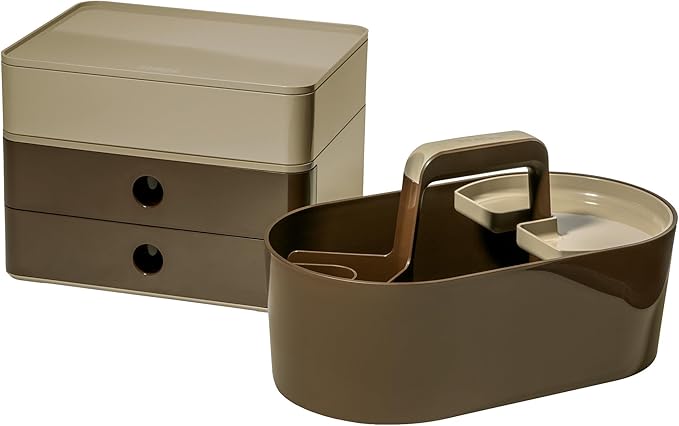HAN Toolbox Loft Plastic Basket with Handle, 4 Compartments Desk Basket, Cleaning Basket, Craft Basket, Storage for Utensils, Brown, 1200-42
