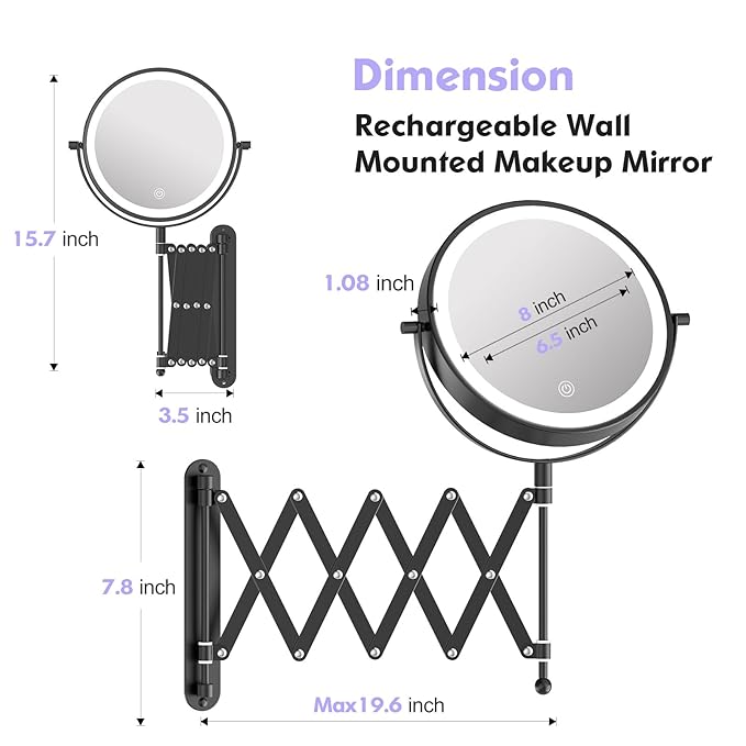 5000mAh Rechargeable Wall Mounted Makeup Mirror - 8 Inch Double Sided 1X/30X Magnifying Mirror with 3 Color Lights Dimmable Touch Screen, 360°Swivel 19.6 Inch Extendable Accordion Bathroom Mirror