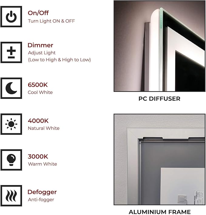 20x30 Inch Rectangular LED Bathroom Mirror with Lights Front and Backlit, 3 Color Modes, Touch Dimmer, Anti-Fog - Wall Mounted Vanity Mirror for Bathroom, Bedroom - Fab Glass and Mirror