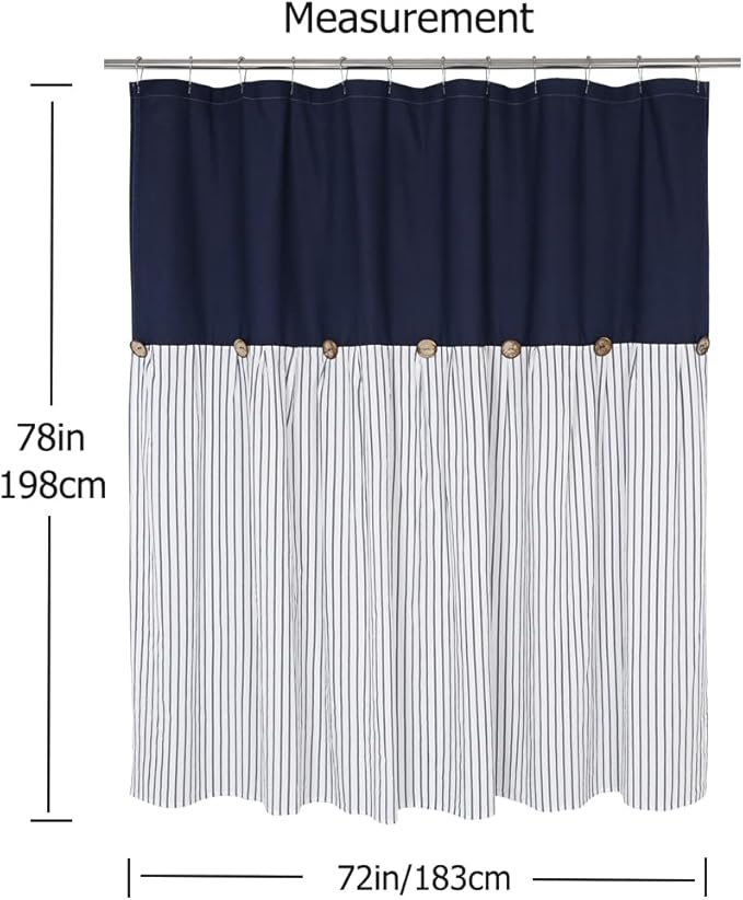 DOSLY Ides Farmhouse Navy Blue Shower Curtain for Bathroom, Beige and Navy Stripe, Button Curtain, Cotton Blend Woven Fabric, Rustic Charm Country Chic Style, 72x78 in