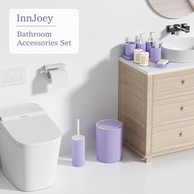 Purple Bathroom Accessories Set, 10PC Bathroom Set, Bath Accessory with Pop Up Trash Can, Soap Dispenser, Toilet Brush, Toothbrush Set Qtip Holders & Tray