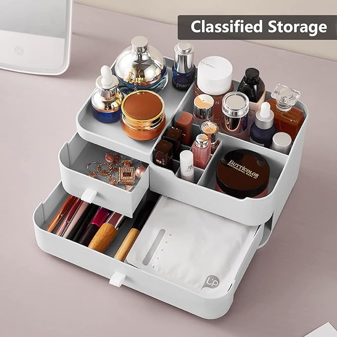 Makeup Desk Cosmetic Storage Box Organizer with Drawers for Brushes, Eyeshadow, Lotions, Lipstick and Nail Polish, Ideal for Dresser,Bathroom Vanity (White)