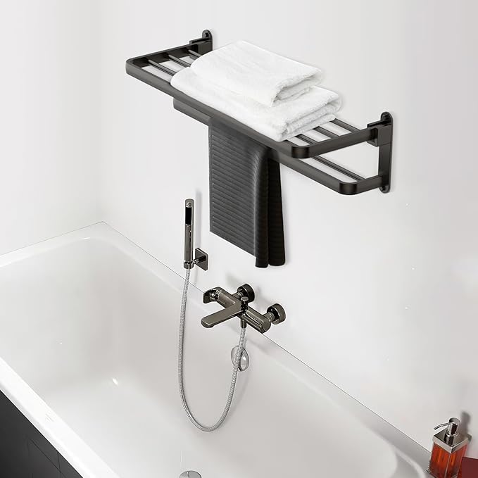 BOZWELL Bathroom Lavatory Towel Rack with Two Towel Bars,16-Inch（40cm） Towel Shelf with Towel Bar,Towel Holder 1011-GR-40 (Modern Gray Finish)