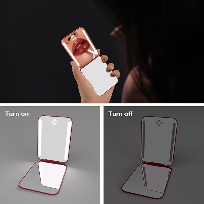 Kintion Rechargeable Pocket Mirror, Double Sided 1X/3X Magnification Compact Vanity Mirror, 3 Color Lights, Dimmable, Small Portable Wallet Mirror, Lighted Travel Mirror for Women Gifts, Wine Red