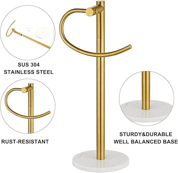 Standing Towel Bar Holder - Free Standing Bathroom Towel Rack Towel Holder with Engineered Stone Base - Countertop Vanity Towel Stand for Hand/Kitchen Towels (Brushed Gold)