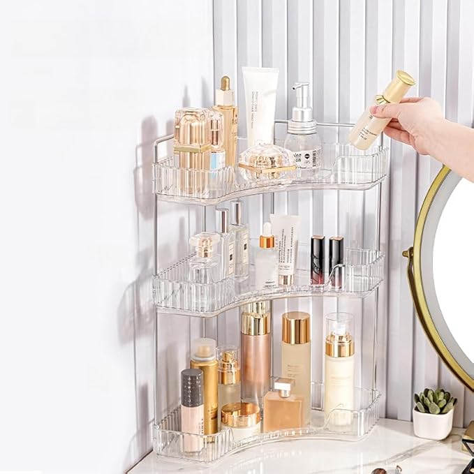 CESTATIVO Corner Bathroom Counter Organizer, Vanity Trays for Bathroom, Skincare Makeup Organizer Shelf, Shelf Cosmetics, Toiletries, Lotions, Perfumes (3 Tiers, Clear)