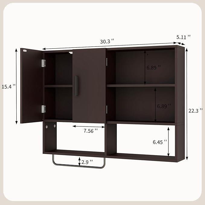 Medicine Cabinet, Wooden Bathroom Wall Cabinet with 2 Doors, Adjustable Shelves & Towel Bar, Over Toilet Storage Cabinet Wall Mounted for Kitchen & Laundry, Espresso