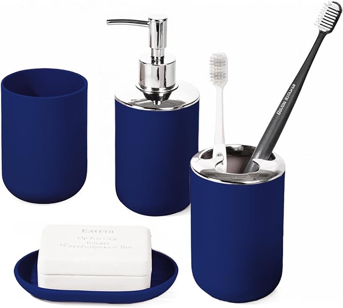 Bathroom Accessory Set, 4 Pcs Plastic Bathroom Set Include Soap Dispenser, Soap Dish, Toothbrush Holder, Mousewash Cup, Modern Bahtroom D??cor Set, Space Save for Bathroom (Blue)