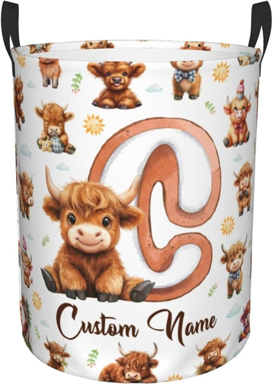 Personalized Highland Cow Laundry Baskets,Custom Cow Gifts, Customized Laundry Hamper for Kids Boys Girls Adults Room,Collapsible Clothes Storage Organizer,16.5 X 13.8in