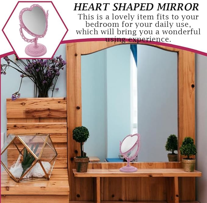 AKOAK Heart-Shaped Cosmetic Mirror - Plastic, Double-Sided, Rotatable, Lightweight - Bathroom & Bedroom Mirror (Pink)