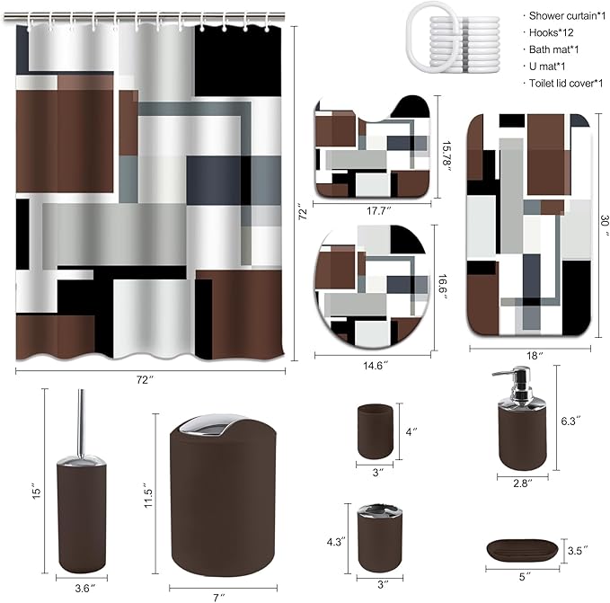 Lnond Brown Bathroom Set, 23-Piece Brown Geometric Bathroom Decor Set with with Shower Curtain and Rugs, Trash Can, Toilet Brush Holder Set & Soap Dispenser