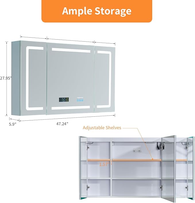 FCH LED Medicine Cabinet with Smart Mirror, 48" Wide Bathroom Medicine Cabinet with Bluetooth& Speaker, Clock, Room Temp Display, Defog, Stepless Dimming, 3-Color Temper Change, Outlets & USBs