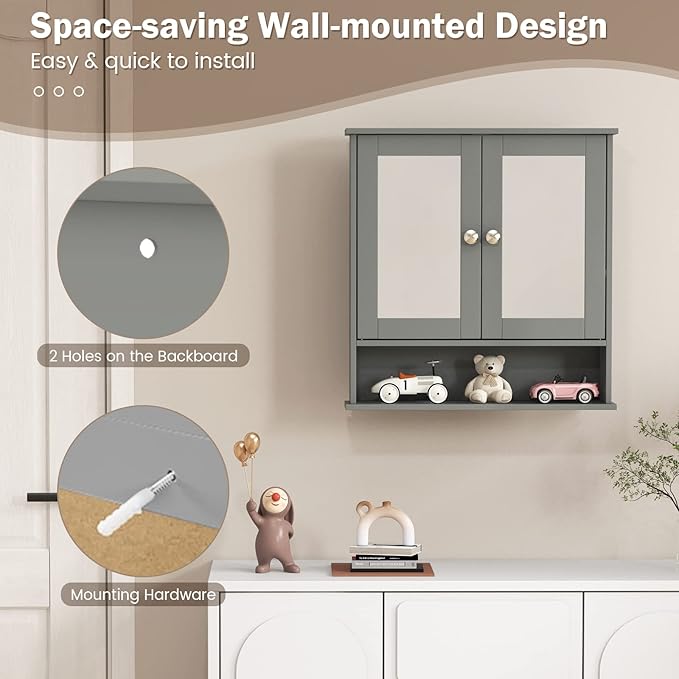 COSTWAY Bathroom Cabinet Wall Mount, Wooden Medicine Cabinet with 2 Mirror Doors, Adjustable Shelf, Open Compartment, for Laundry, Living Room, Kitchen, Gray