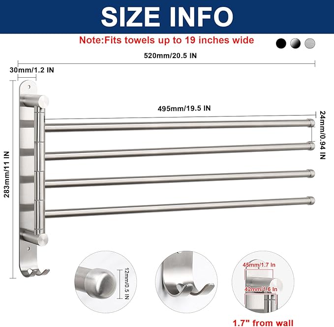 NearMoon Swivel Towel Rack, 19.5" Thicken 304 Stainless Steel 4-Arm Towel Bar, Space Saving Wall Mounted Towel Holder with Hook, Rustproof Swing Out Towel Hanger for Bathroom, Kitchen (Brushed Nickel)