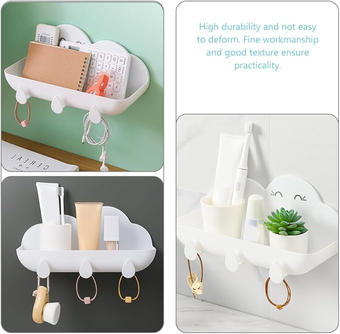 Cloud-Shaped Hanging Bathroom Shelf with Hooks, White Plastic Wall Storage Rack for Home Bathroom Organizer and Wall-Mounted Storage Basket