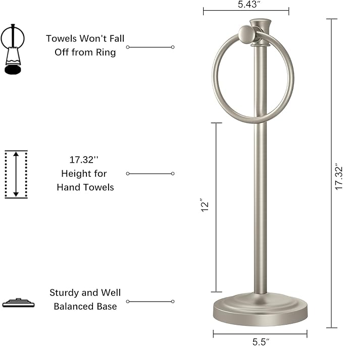 Hoimpro 17 Inch Stand Hand Towel Holder Towel Bar Towel Hanging Ring, Free Standing Floor Hand Towel Rack Storage for Bathroom Kitchen Vanity Countertops, Hardware Accessories(Brushed Nickel)