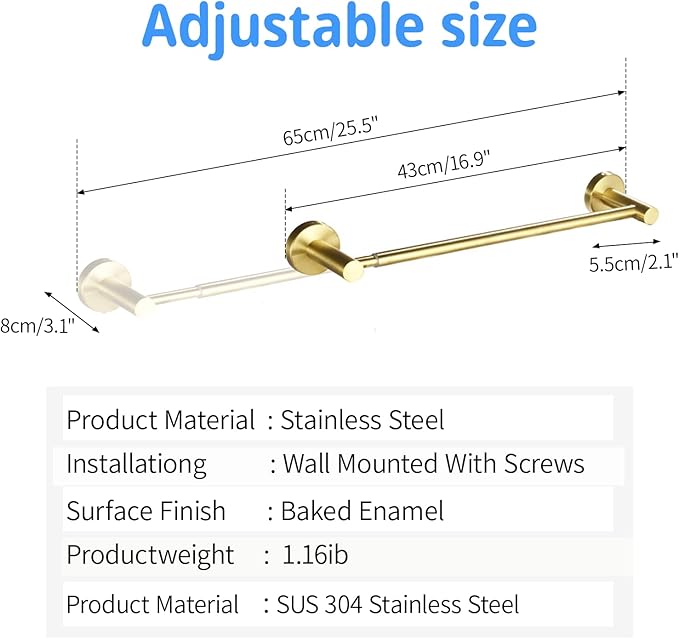 Towel Racks for Bathroom,Adjustable Single Towel Bar(16inch-25.5inch) Sturdy and Rustproof Towel Bar Wall Mounted for Bathroom Kitchen Washroom (A-Gold)