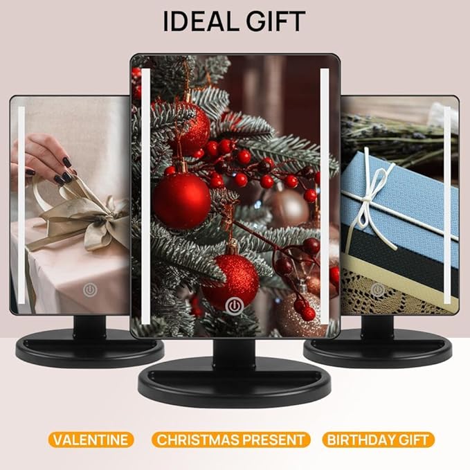 Lighted Makeup Mirror with Lights Vanity Makeup Mirror with Adjustable Brightness and 180 Degree Rotation Touch Screen Dual Power Supply Gifts for Teens Girls Women (Black)