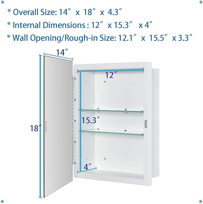 IDYLLOR Bathroom Medicine Cabinet with Beveled Edge Mirrored Door 14 x 18 inch, Recessed or Surface Mount, with Adjustable Glass Shelves