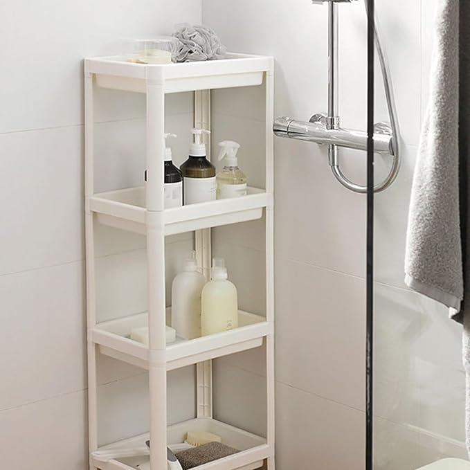 Narrow Freestanding Bathroom Shelf, Space Saving Storage Rack White Laundry Shelf for Bathroom Laundry Room Kitchen Bedroom Compact Areas (4 Layers)