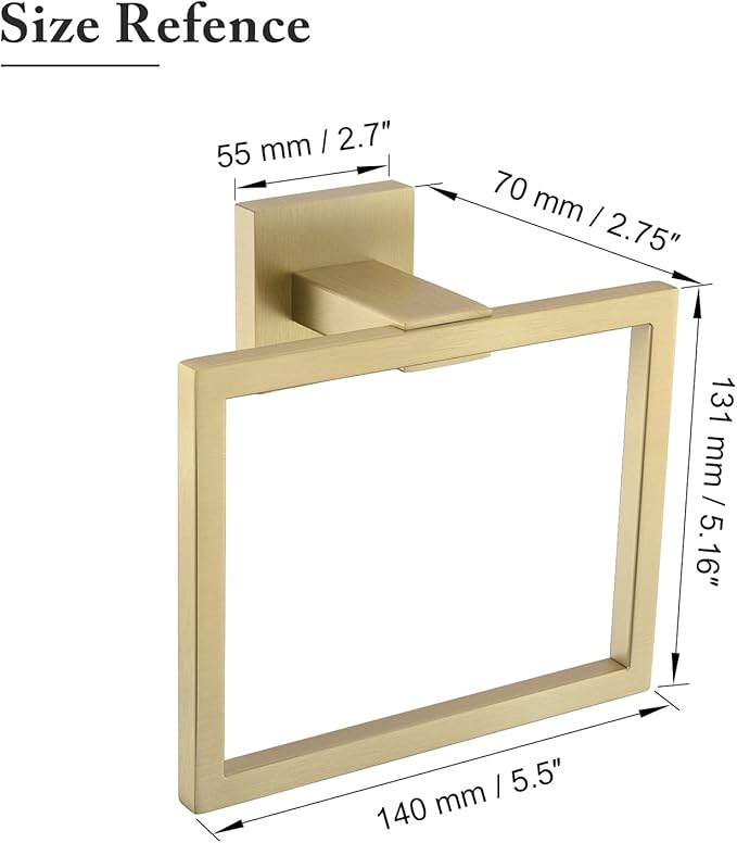 TQKAG Brushed Gold Towel Ring Bathroom Hand Towel Holder Stainless Steel Square Towel Bar Hangers Wall Mounted