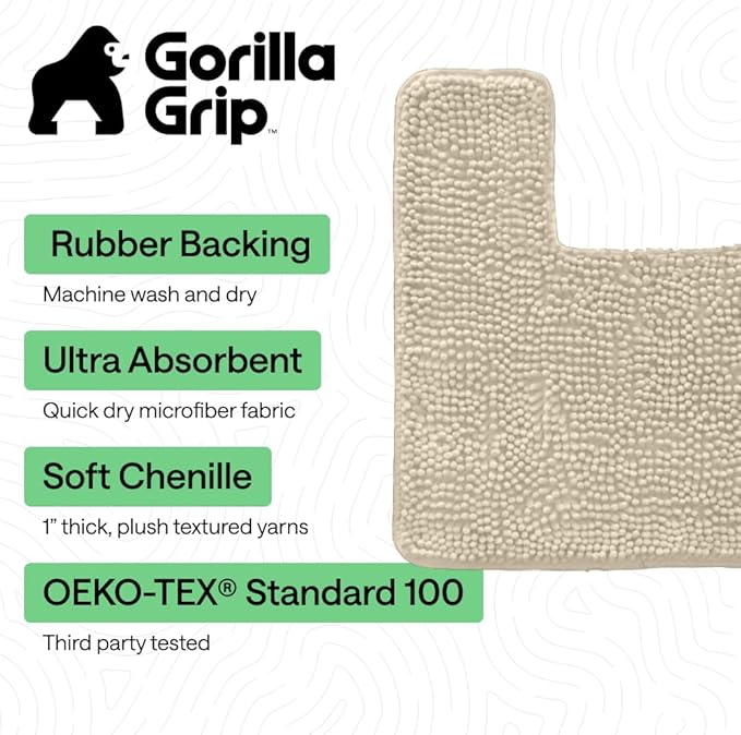 GORILLA GRIP Plush Absorbent Shaggy Chenille Bath Rug Mat for Square Toilet Base with Rubber Backing, Machine Washable Rugs, Soft Microfiber Contour Mats for Toilets, Bathroom Decor, Sand