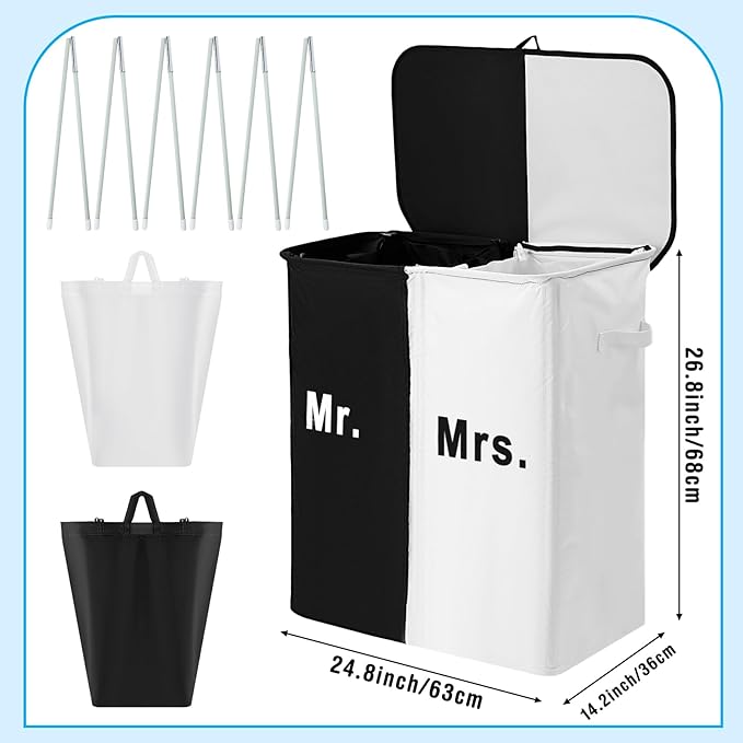 DoubleFill 154L Large Double Laundry Hamper with Lid and Removable Bags Laundry Basket 2 Section Collapsible Dirty Clothes Hamper for Bathroom Bedroom for Husband&Wife Parents or Couple (Mr. Mrs.)