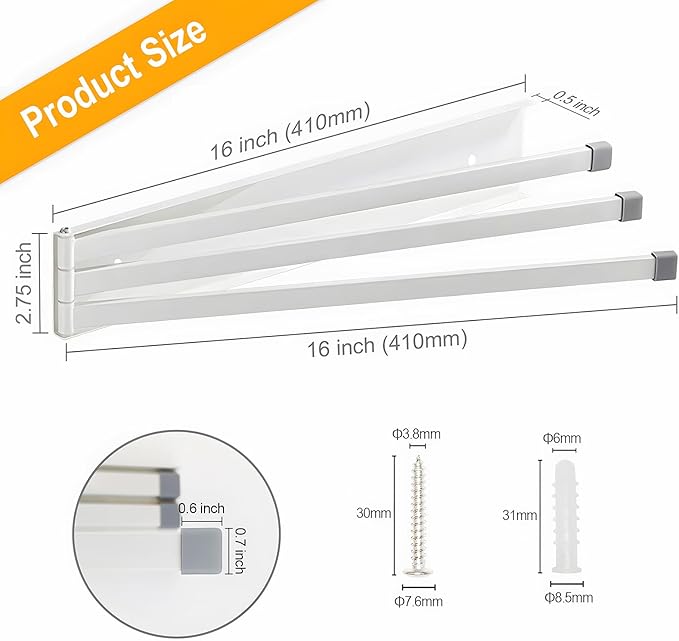 Swivel Towel Rack, 16 inch Extra Long Thickened Stainless Steel 3-Arm Towel Bar, Space Saving Wall Mounted Towel Holder, Rustproof Swing Out Towel Hanger for Bathroom, Kitchen (White)