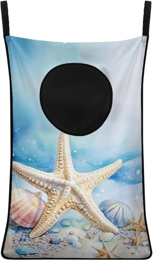 ZOUTAIRONG Beach Starfish Hanging Hamper for Dirty Clothes Over the Door Laundry Hamper Laundry Basket Hanging Shelf Closet Storage Organizer Hamper Blue Laundry Bag for Bedroom