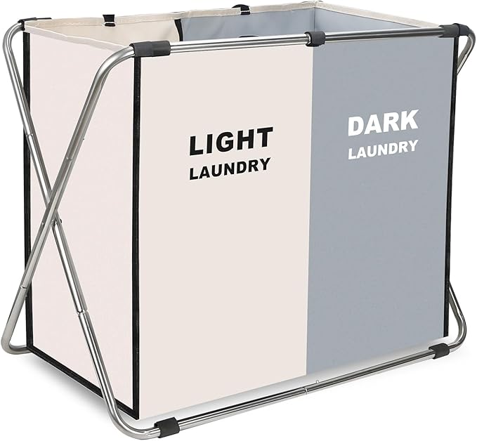 Laundry Cloth Hamper Sorter Basket Bin Foldable 2 Sections with stainless steel Frame Washing Storage Dirty Clothes Bag for Bathroom Bedroom Home Storage Basket (White+gray, 2 Sections)