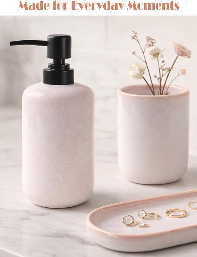 Ceramic Bathroom Accessories Set, Light Pink Glossy Soap Dispenser 15.5oz & Toothbrush Holder 10.6oz with Tray, Modern Countertop Set for Bathroom, Vanity, Kitchen Sink