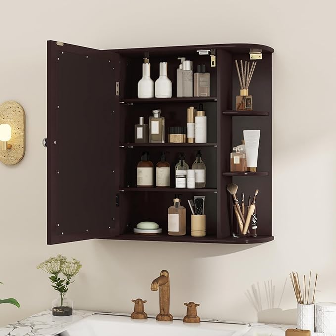 COSTWAY Medicine Cabinet with Mirror, Wall Mounted Bathroom Storage Cabinet with Mirror Door and Adjustable Shelves, Space-Saving Storage Organizer for Living Room Kitchen Entryway (Brown)