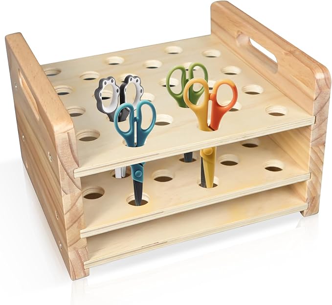 Wooden Scissor Holder Scissors Storage Rack 24 Holes Natural Wood Scissor Organizer Stand Eyebrow Pen Holder Display Stand Makeup Brush Rack Desk Organizer for Classroom Office Barber Shop Home