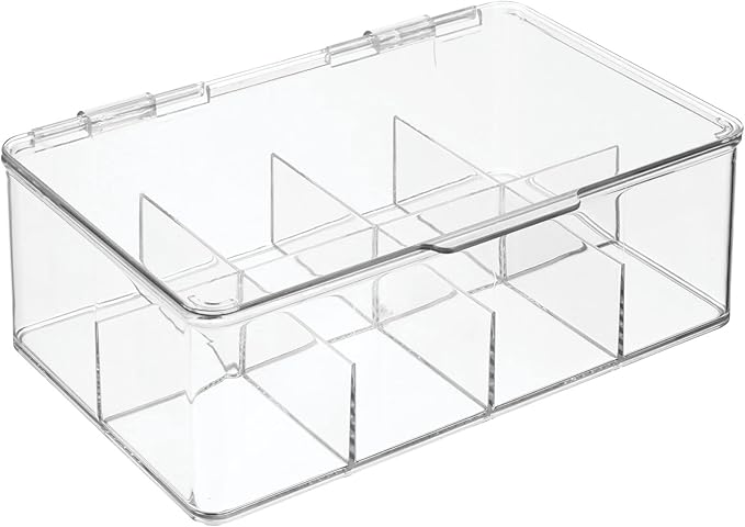 mDesign Plastic First Aid Kit Storage Box with Clear Top Lid for Bathroom, Kitchen, Cabinet, Closet, Drawer - Organizes Medicine, Ointments, Adhesive Bandages, Dental, 8 Divided Sections - Clear
