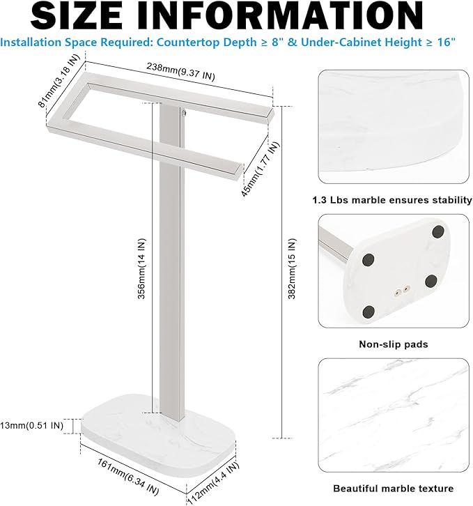 Livabber Standing Hand Towel Holder, 304 Stainless Steel Hand Towel Rack Stand with Heavy Marble Base, Bath Accessories, Towel Ring for Bathroom Kitchen Countertop, 14 Inch (Chrome)
