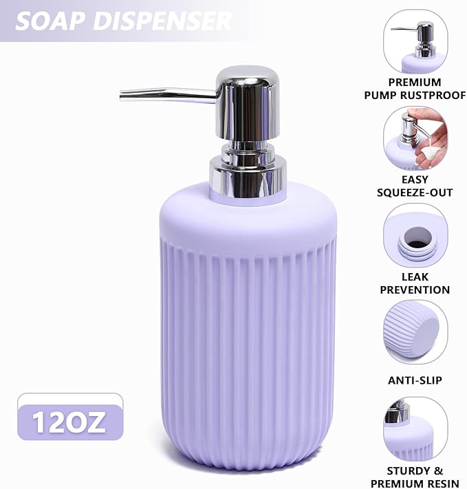 XLHOMO Resin Light Purple Bathroom Accessories Set 5 Pcs, Lotion Soap Dispenser, Toothbrush Holder, Bathroom Tumbler, Qtip Holder and Vanity Tray, Bathroom Countertop Organizer Set for Home Apartment