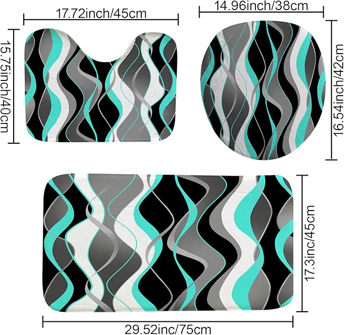 4Pcs Turquoise Shower Curtain Sets with Non-Slip Rugs, Toilet Lid Cover and Bath Mat, Black and Gray Bathroom Decor Set Accessories Fabric Waterproof Shower Curtains with 12 Hooks, 72 x 72 Inch