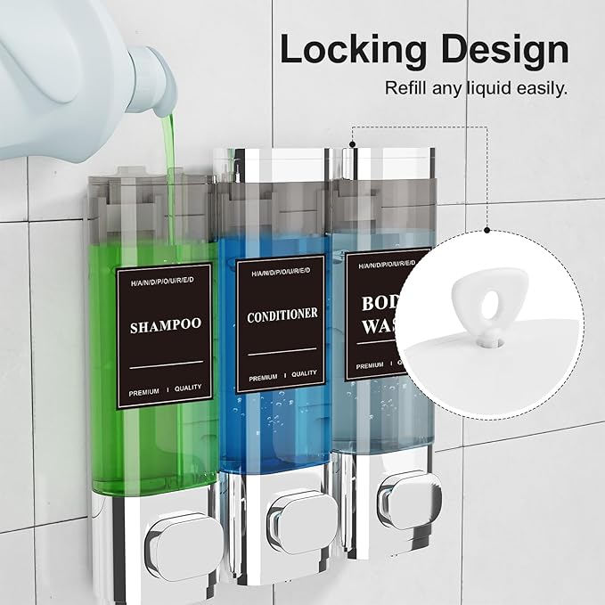 Shampoo and Conditioner Dispenser – Wall-Mounted Shower Soap Dispenser, No-Drill Installation, Lockable, 900 ml Capacity,for Bathroom & Hotel or Airbnb (Electroplated Silver, 3-Pack)