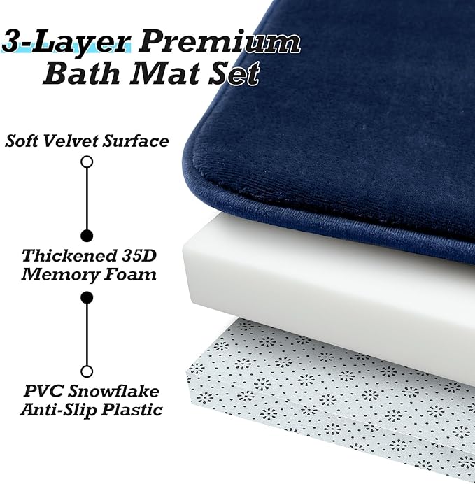 HUXMEYSON Bathroom Rugs Sets 3 Piece, Non-Slip & Quick Dry Bath Mat Set, Ultra Soft Velvet Bath Rugs for Bathroom, Toilet and Shower Floor, Navy