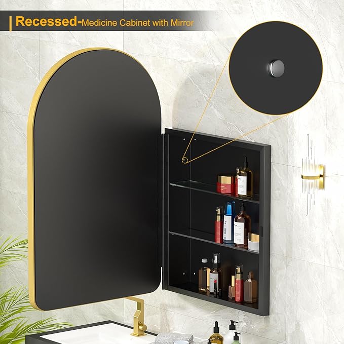 Arched Medicine Cabinet with Mirror,Recessed Medicine Cabinet,Gold Bathroom Arch Mirror Cabinet,Metal Framed Arch Medicine Cabinet Surface Mount,20x31Inch