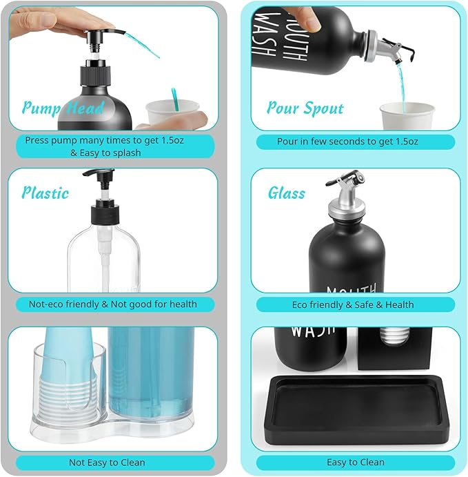 Glass Mouthwash Dispenser for Bathroom, 16 OZ Mouthwash Dispenser with Pour Spout and Wood Cup Holder and Tray, Mouth Wash Bottle Container, Black Kitchen Bathroom Decor and Accessories