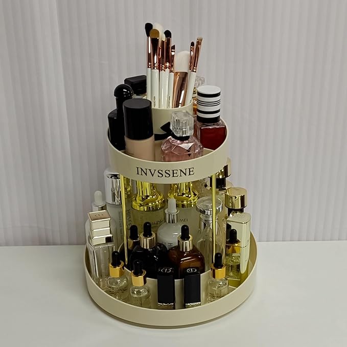 INVSSENE 2 Tiers Rotating Makeup Organizer, Large Makeup Organizer for Vanity, Countertop Storage Shelf for Cosmetics, Skincare, Makeup Brush - Warm White