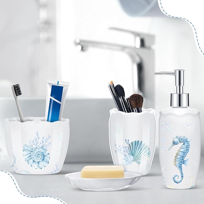 Vesici 4 Pcs Beach Bathroom Accessories, Ocean Animals Bathroom Decor, Under The Sea Tumbler, Soap Dispenser, Toothbrush Holder, Starfish Soap Dish for Ocean Beach Theme Decoration