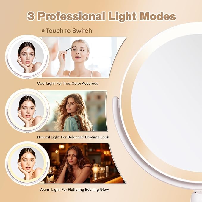 Makeup Mirror with Lights-1x/20x 360° Rotation Vanity Mirror with 3 Color Temperatures & Dimmable LED Lights, Rechargeable Desktop Mirror with Brush Holder & Cosmetics Organizer-Gift for Her