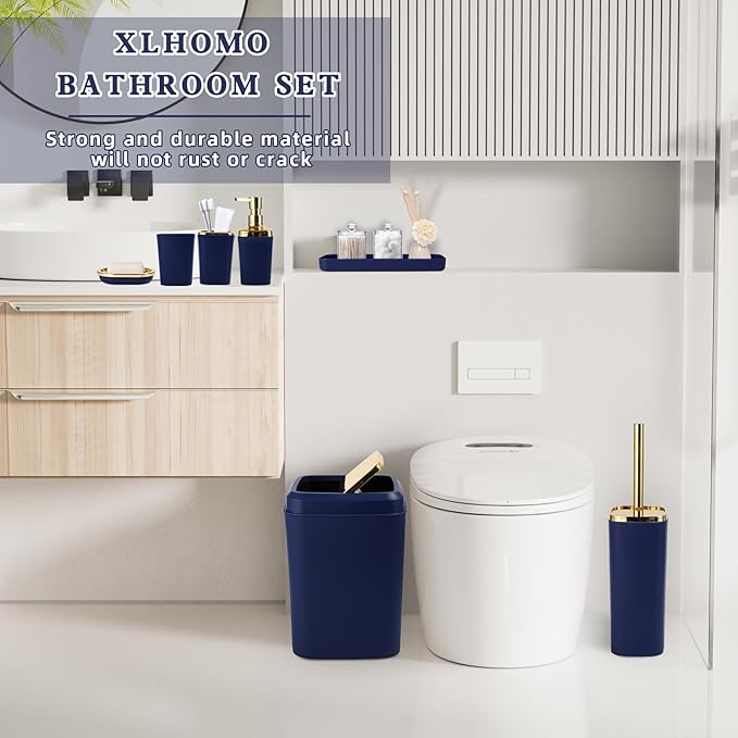 XLHOMO Bathroom Set - Blue and Gold Bathroom Accessories, Bathroom Sets with Shower Curtain and Rugs, Navy Blue Shower Curtain Set with Bathroom Trash Can, Soap Dispenser, Soap Dish for Home Decor