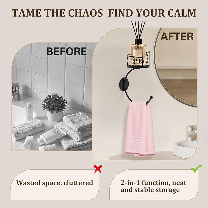 Fashion Matte Black Towel Hook with Candle Holder, Metal Sturdy Wall-Mounted Hand Towel Holder for Bathroom, Holder for Glasses, Candles and Plants, Coat Rack for Bedroom and Bathroom Decor