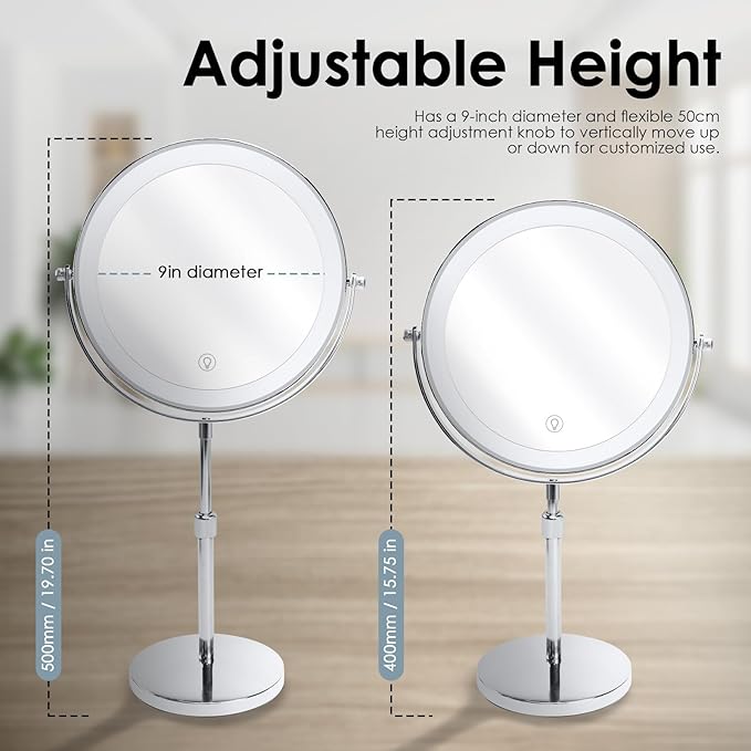 Magnifying Mirror with Light，1X/10X Double Sided Makeup Mirror with Lights and Magnification with Adjustable Height and 3 Colors Vanity Mirror with Lights for Vanity or Bathroom